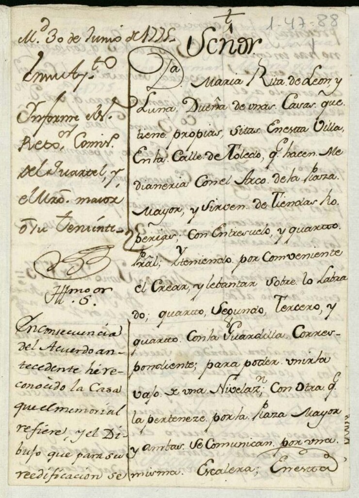 Miniatura de Licencia a Doña María Rita de León y Luna para alzar los cuartos de su casa calle de Toledo al Arco de la Plaza Mayor