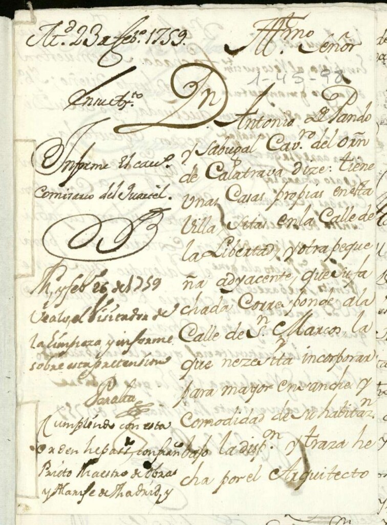 Miniatura de Licencia a Don Antonio de Pando y Sabugal para incorporar dos casas Calle de la Libertad y de San Marcos.