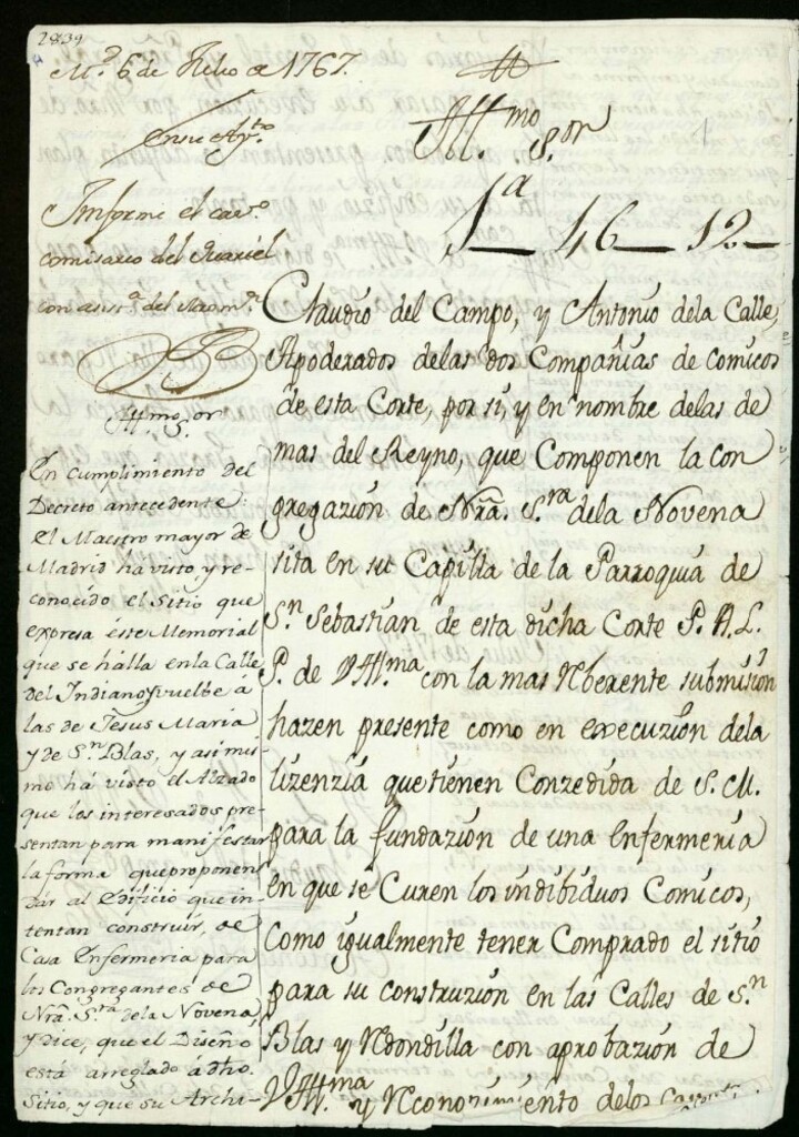 Miniatura de Licencia a los apoderados de las dos compañías de cómicos para la construcción de una enfermería en la Calle del Indiano a las de Jesús y María y San Blas.