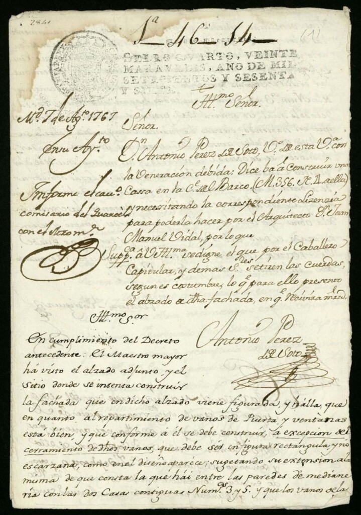 Miniatura de Licencia a Don Antonio Pérez de Soto para construir una casa en la Calle del Barco nº 4 manzana 356