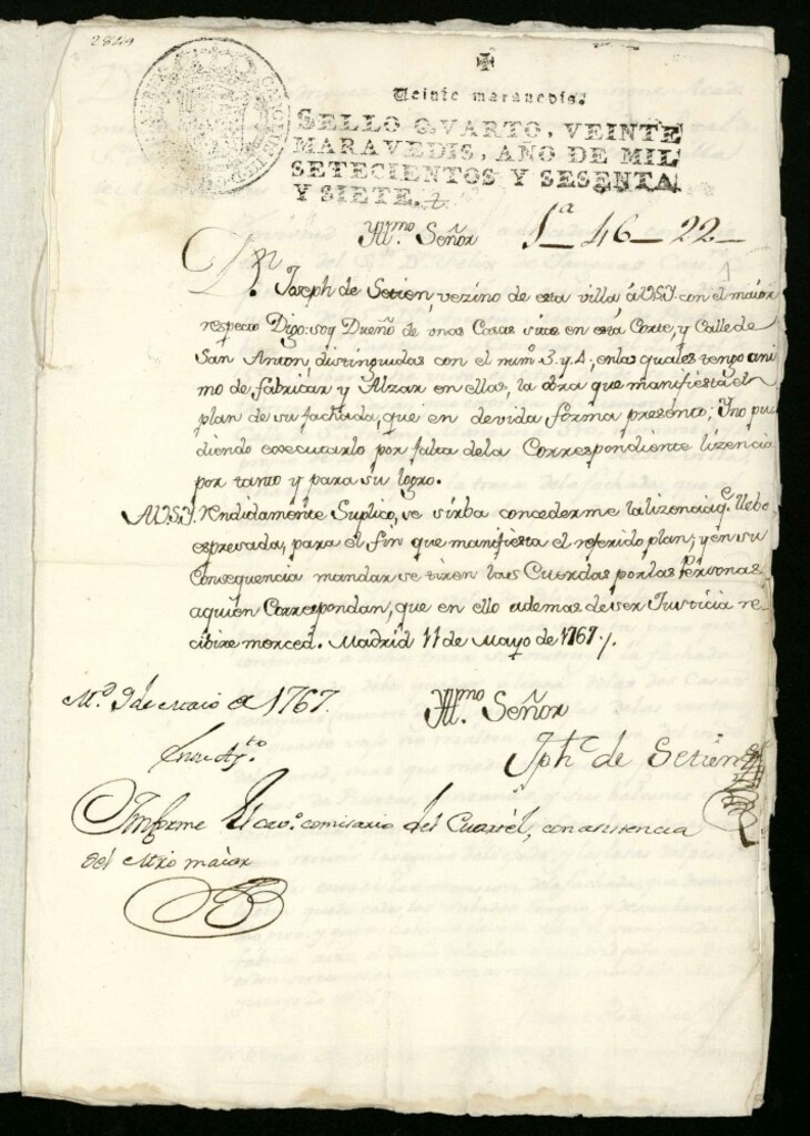 Miniatura de Licencia a Don José de Septiem para edificar en la Calle de San Antón nº 3 y 4 manzana 310 (hoy Pelayo)
