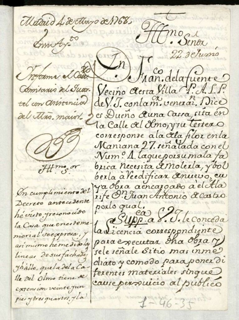 Miniatura de Licencia a Don Francisco de la Fuente para edificar en la Calle del Olmo a la de la Flor nº 4 manzana 27