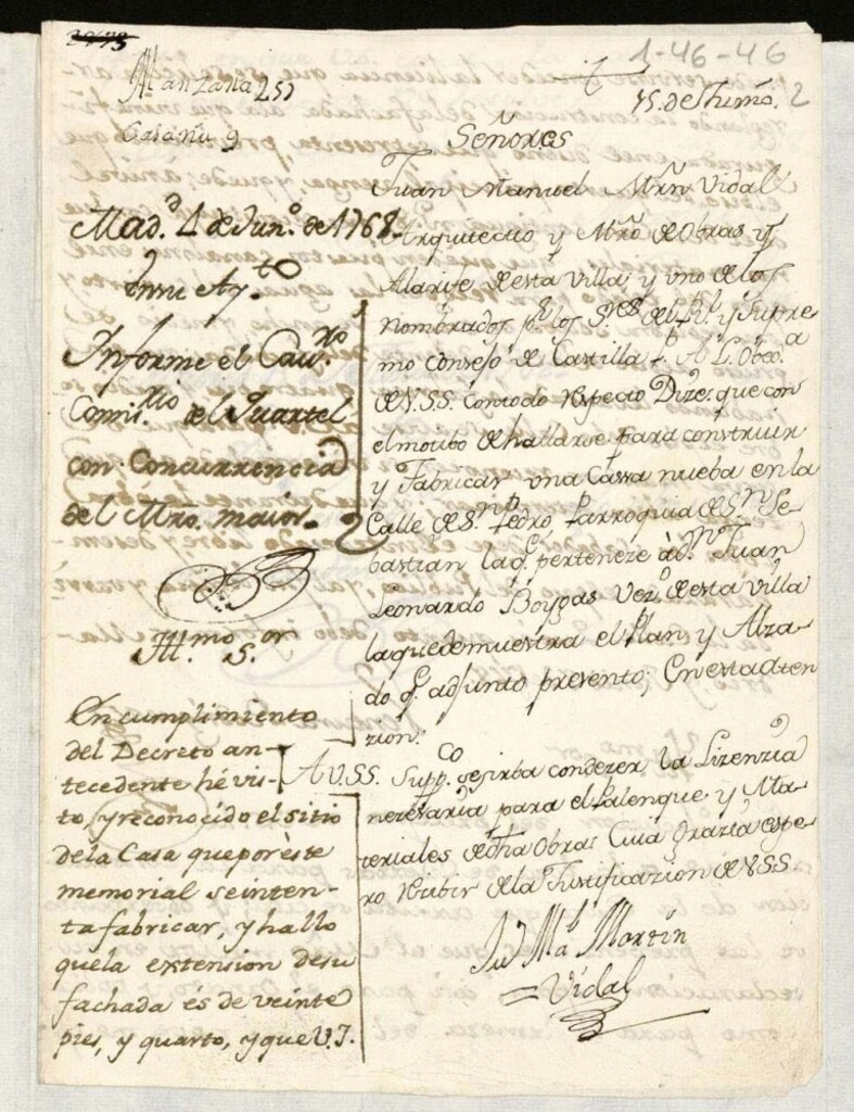 Miniatura de Licencia a Don Juan Manuel Vidal por Don Juan Leonardo Boigas para edificar una casa Calle de San Pedro nº 9