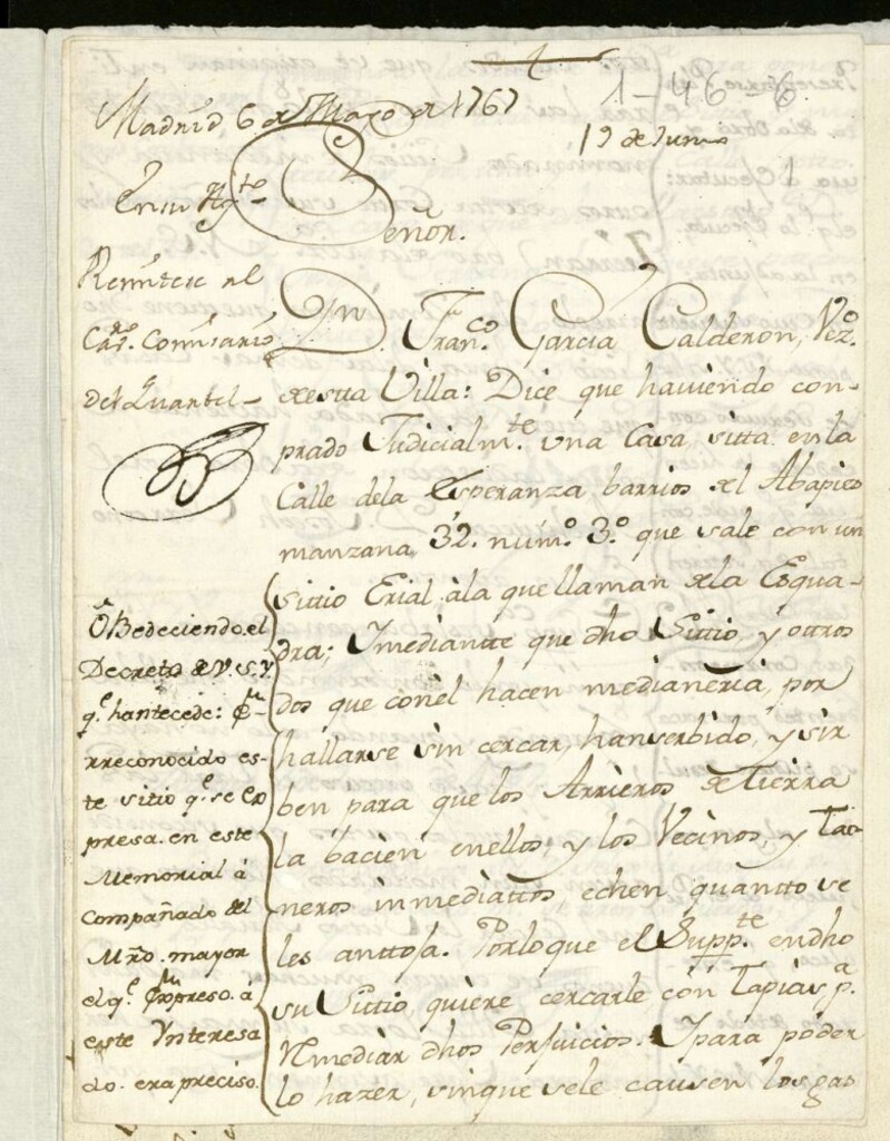 Miniatura de Licencia a Don Francisco García Calderón para cercar un sitio erial Calle de la Esperanza nº 3 manzana 32