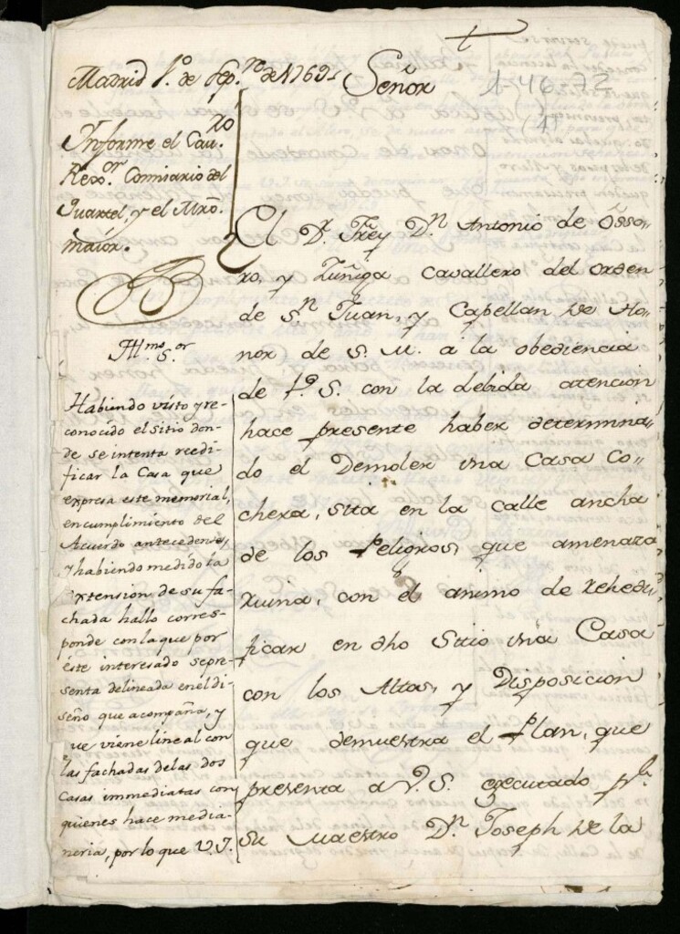 Miniatura de Licencia a Don Antonio Ossorio y Zuñiga para reedificar en la Calle ancha de peligros (Sevilla) contigua del nº 14 por la calle de Gitanos