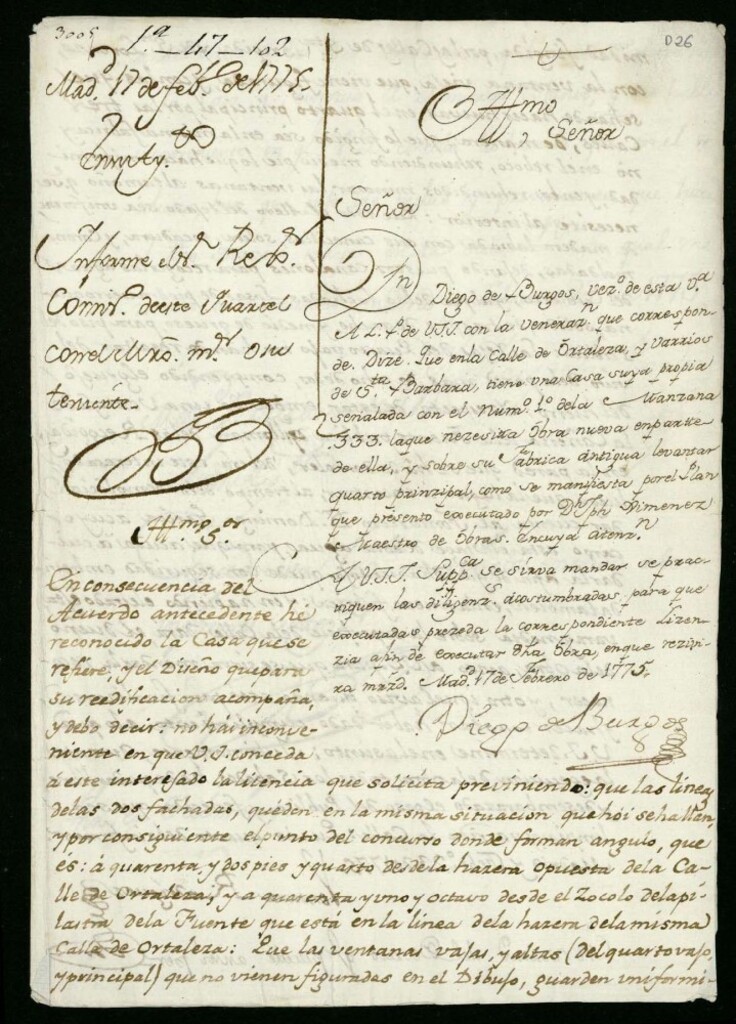 Miniatura de Licencia a Don Diego de Burgos para levantar cuarto general en la calle de Hortaleza nº 1 manzana 333