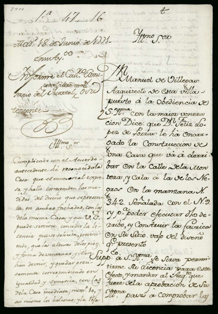 Miniatura de Licencia a Don Félix López de Porras para edificar en la calle de la Montera a la de las Negras nº 9 manzana 342