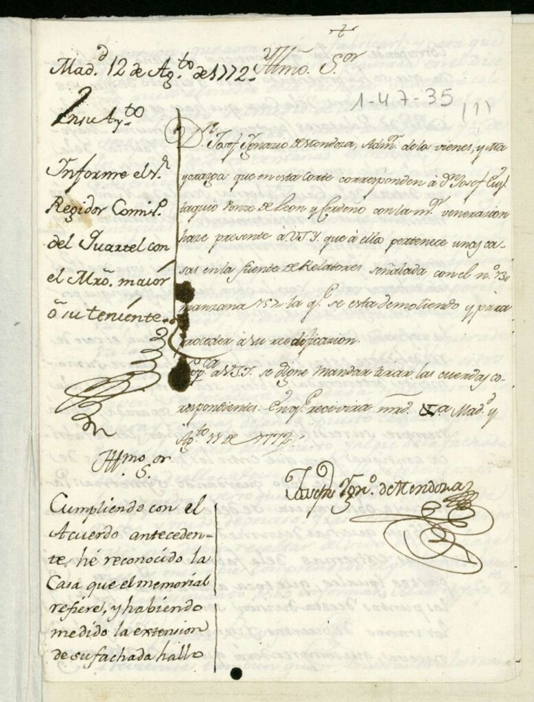 Miniatura de Licencia a Don José Ignacio Mendoza por Don José Ponce de León y Cerdeño para edficar en la plaza o fuente de Relatores nº 13 manzana 157