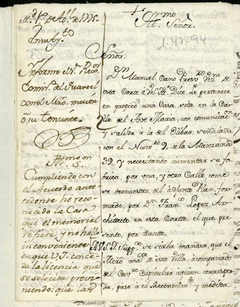 Miniatura de Licencias a Don Manuel Cano para alzar su casa Calle del Ave María a la del Olivar nº 9 manzana 39