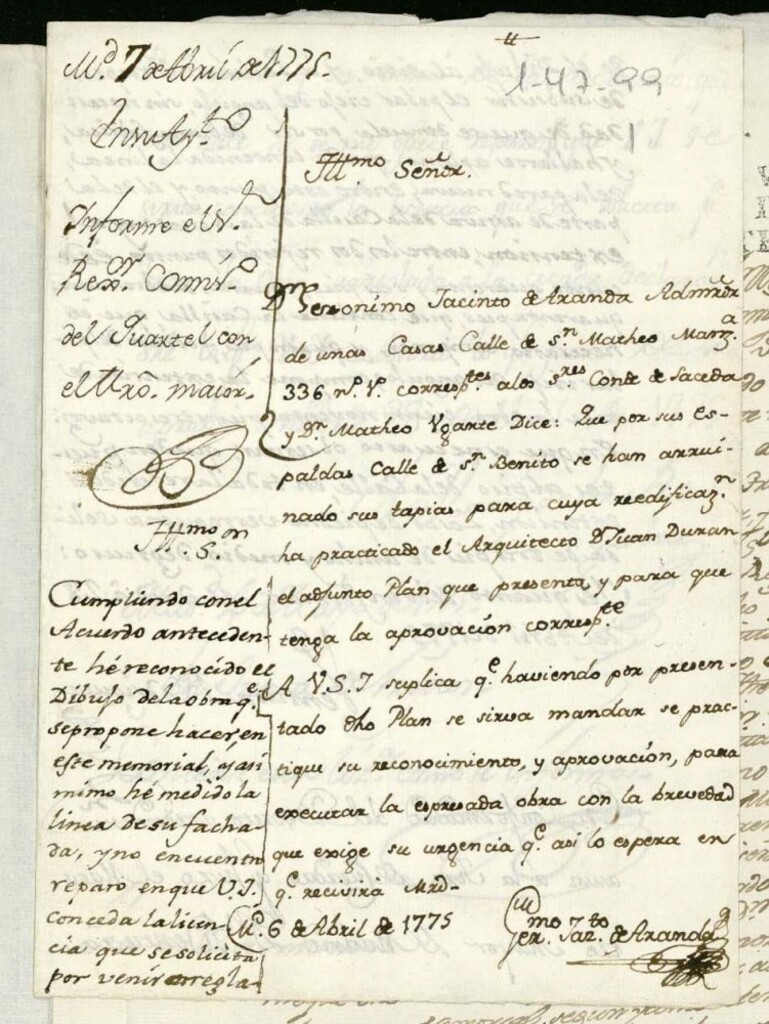 Miniatura de Licencia al Conde de Saceda y Don Mateo Ugarte para reedificar en la calle de San Benito a la de San Mateo (hoy Beneficiencia) nº 1, manzana 336