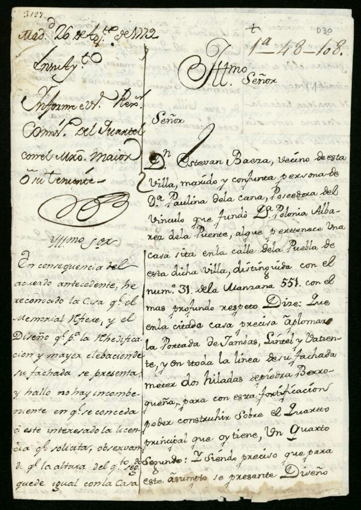 Miniatura de Licencia a Don Esteban Baena por Doña Paulina de la Cana para alzar piso 2º en la calle de la Puebla nº 31, manzana 551 (hoy Fomento)