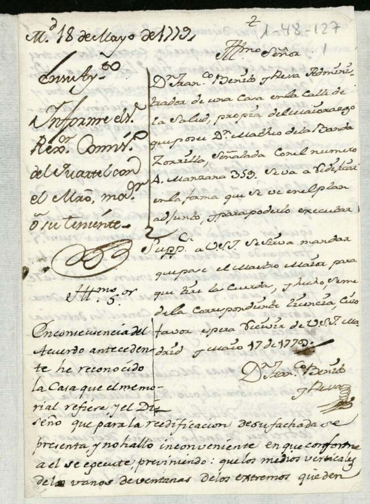 Miniatura de Licencia a Don Francisco Benito y Bella por Don Mateo de la Banda Zorrilla para reedificar calle de la Salud nº 4 manzana 359