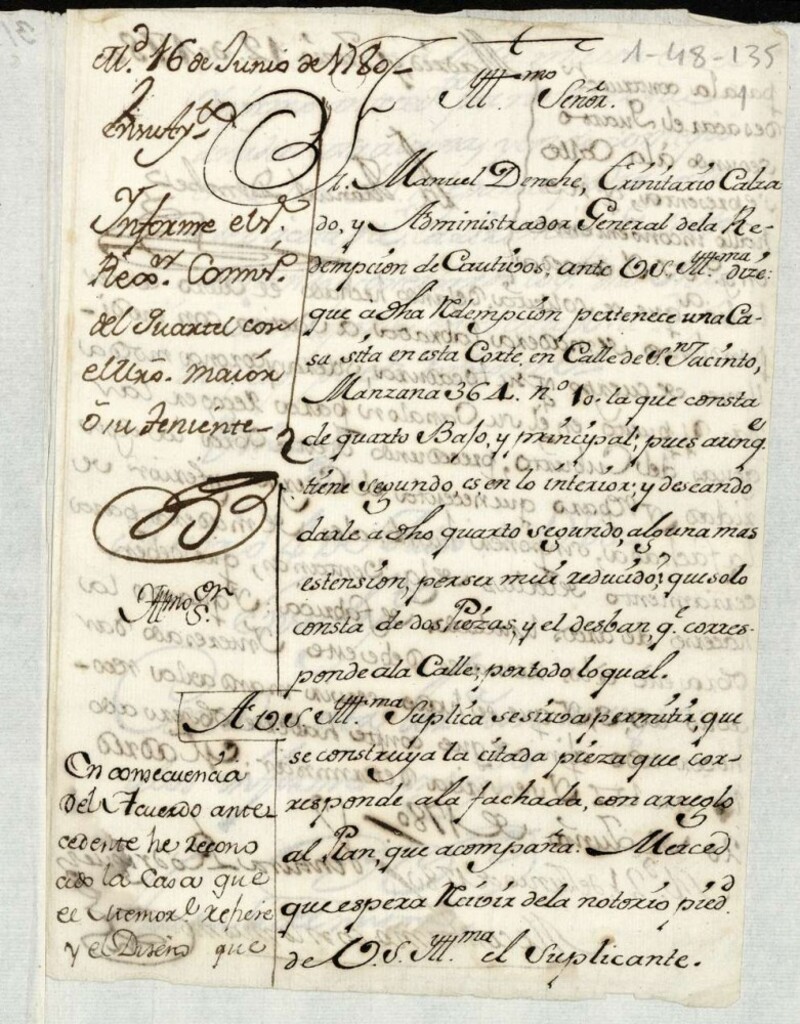 Miniatura de Licencia al administrador general de Redención de Cautivos para ensanchar el piso 2º de su casa calle de San Jacinto nº 10, manzana 364
