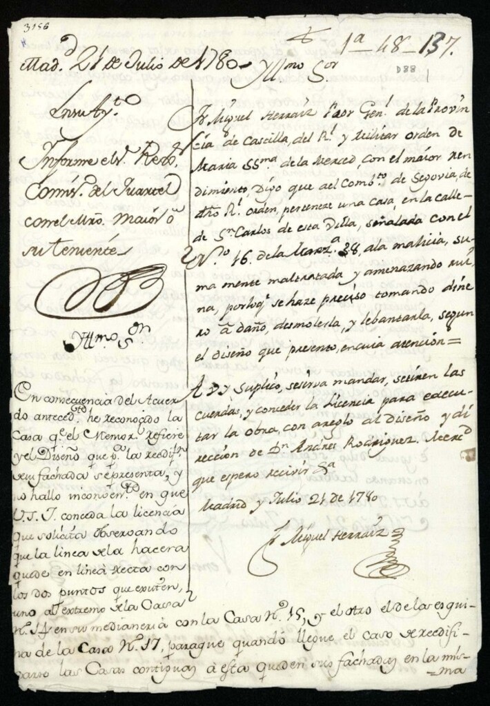 Miniatura de Licencia a Don Miguel Herráiz prior de la Orden de la Merced de Segovia para reedificar en la calle de San Carlos nº 16, manzana 38