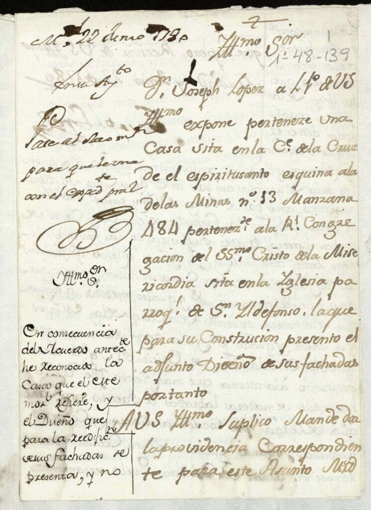 Miniatura de Licencia a Don José López por la Congregación de Cristo de la Misericorida para edificar en la calle de la Cruz de espítiru Santo a la de las Minas nº 13, manzana 484