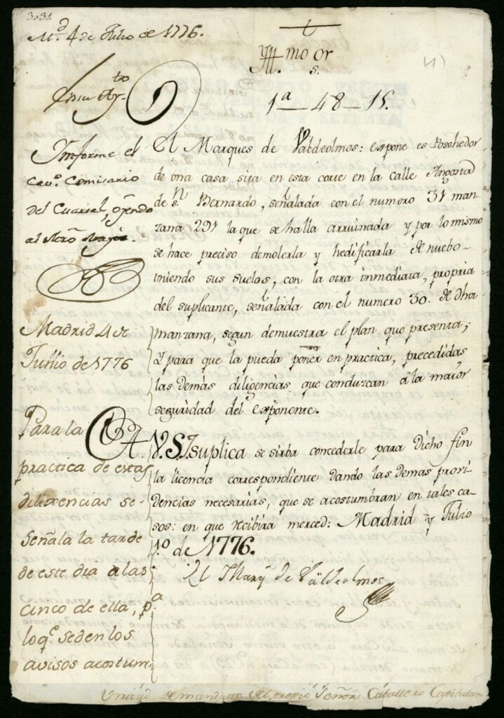 Miniatura de Licencia al marqués de Valdeolmos para reedificar en la calle Angosta de San Bernardo (hoy Aduana) nº 31, manzana 291
