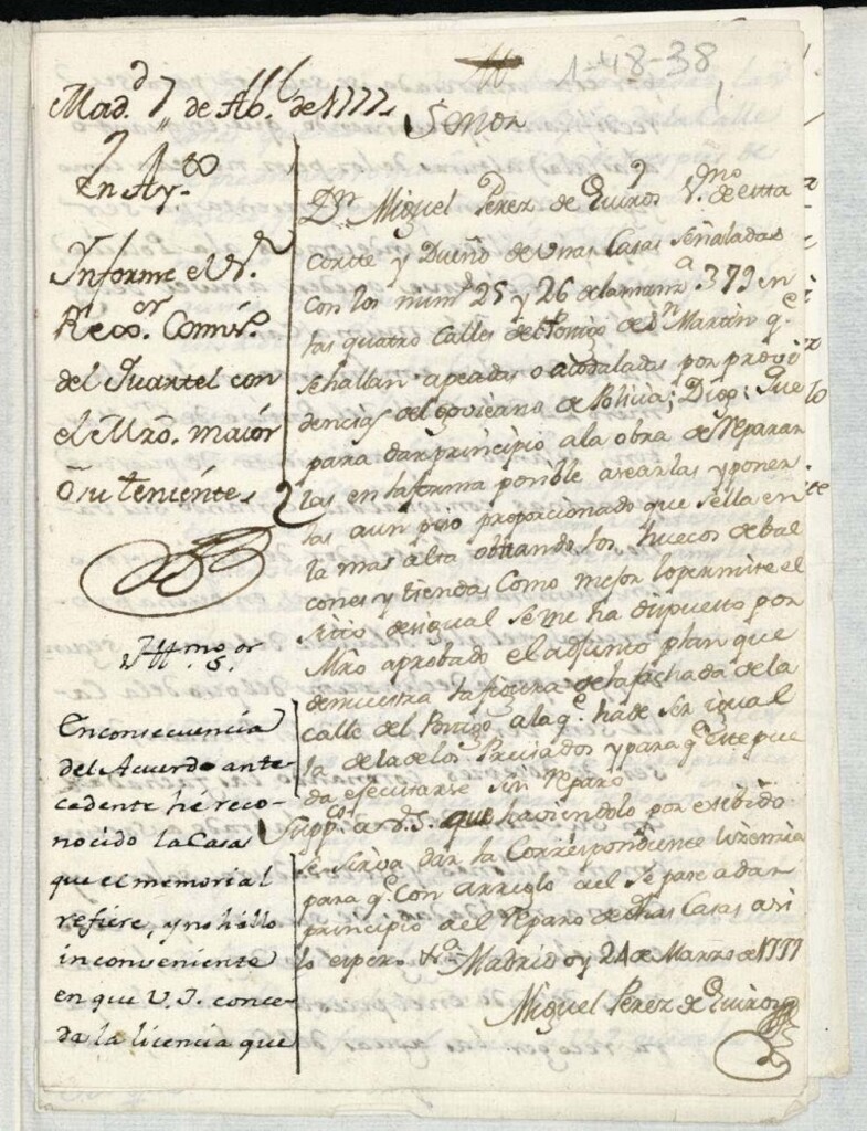 Miniatura de Licencia a Don Miguel Pérez de Quirós para reedificar en el Postigo de San Martín nº 25 y 26 manzana 379