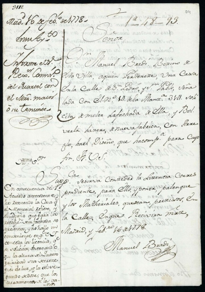 Miniatura de Licencia a Don Manuel Bradi para reedificar en la calle de San Pedro y San Pablo nº 14, manzana 314, hoy Hernán Cortés