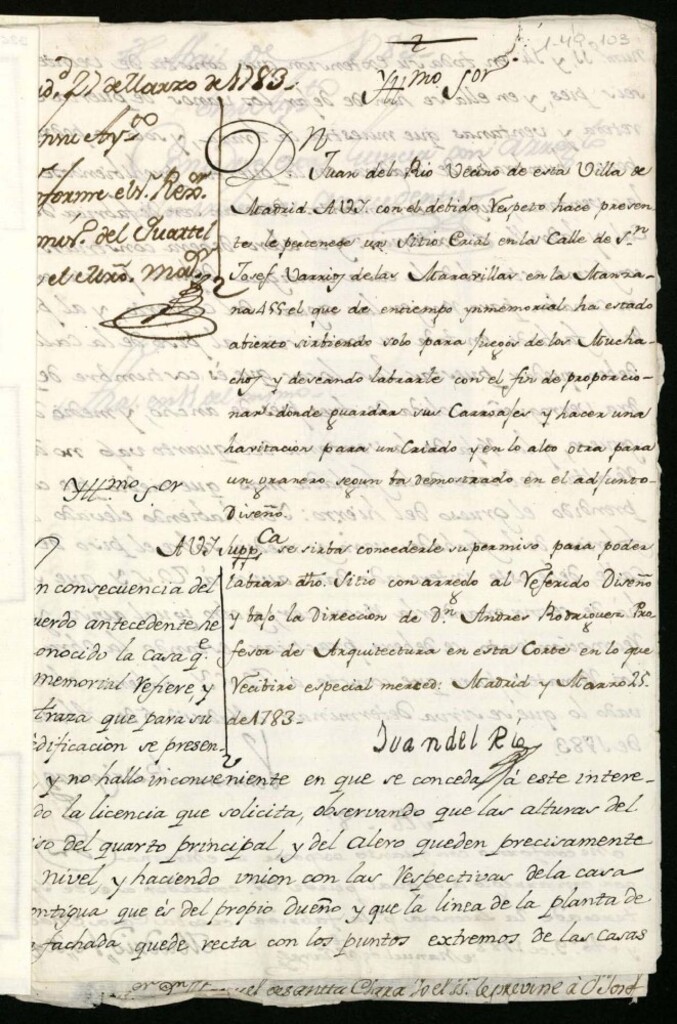 Miniatura de Licencia a Don Juan del Río para construir en un sitio erial abierto en la calle de San José manzana 455 (hoy costanilla de Veteranía) y Velarde