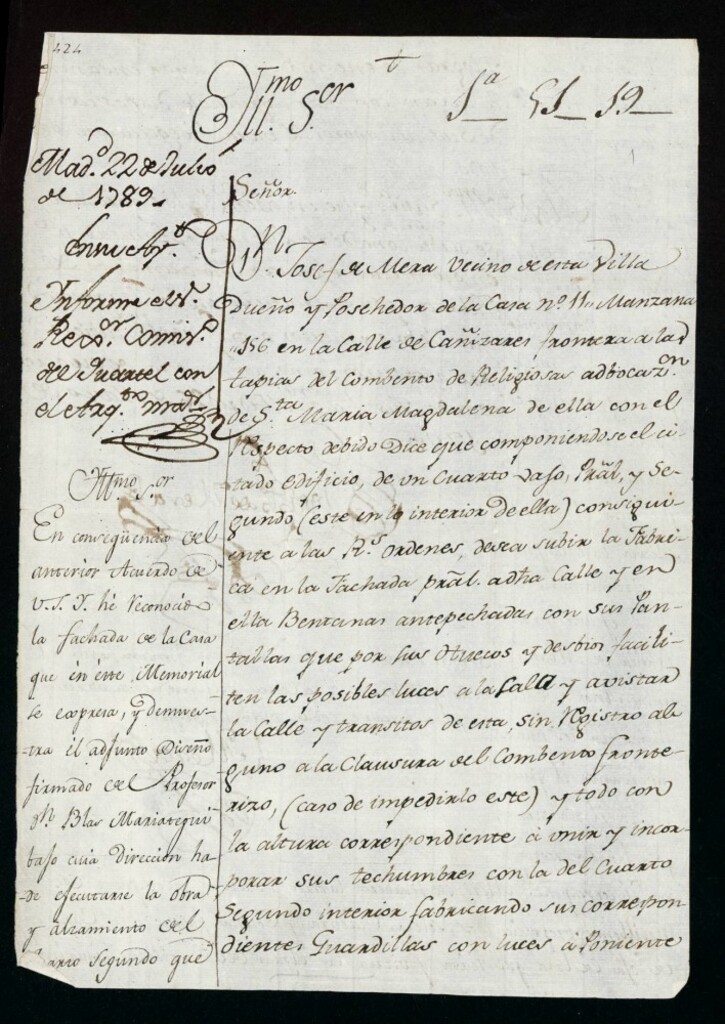 Miniatura de Licencia a Don José Mena para levantar parte de la fachada de la casa de la calle de Cañizares nº 11 manzana 156