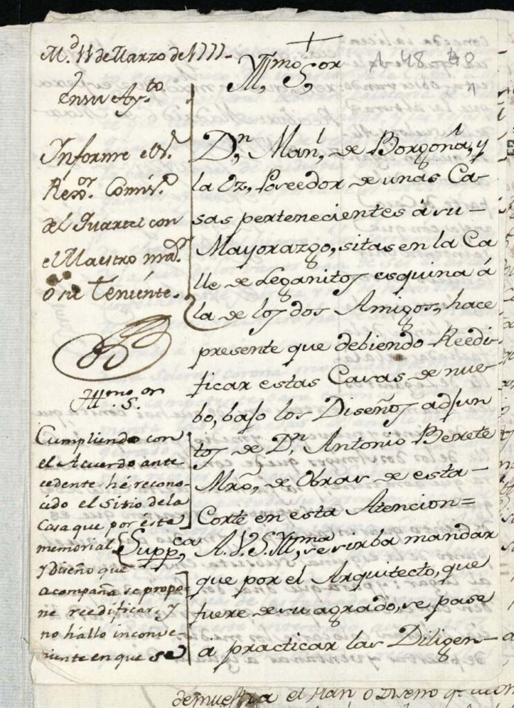 Miniatura de Licencia a Don Manuel de Borgoña y Lahoz para reedificar en la calle de Leganitos, esquina a la de los dos Amigos