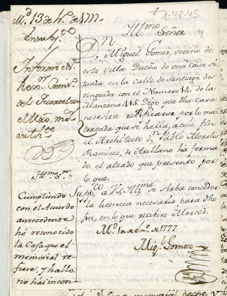 Miniatura de Licencia a Don Miguel Gómez para reedificar en la calle de Santiago nº 14 manzana 415 (Milaneses)