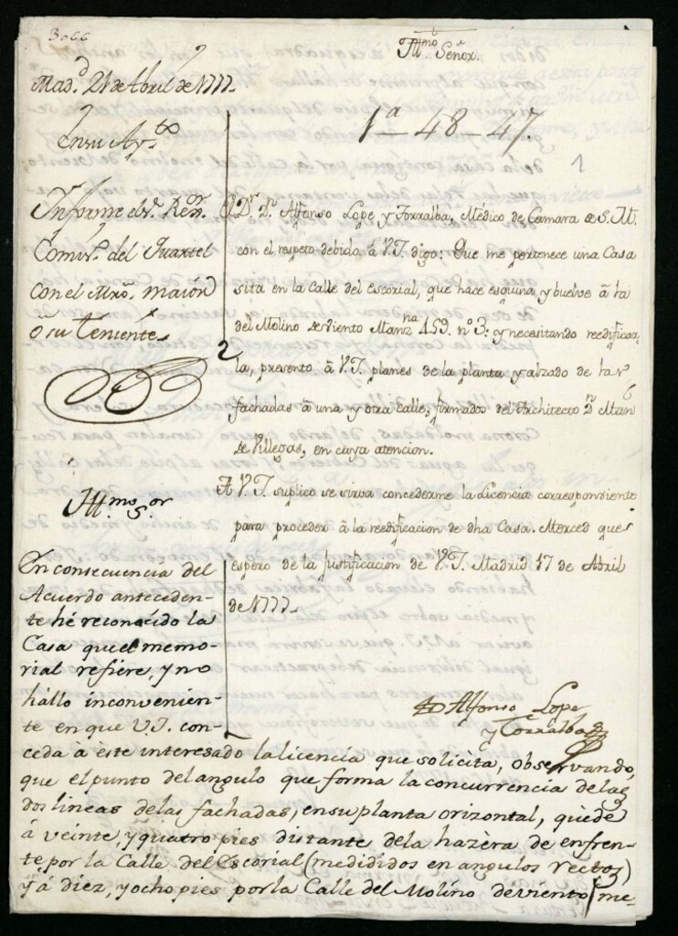 Miniatura de Licencia al Director Don Alfonso Lope y Torralba para reedificar en la calle del Escorial nº 3 manzana 459