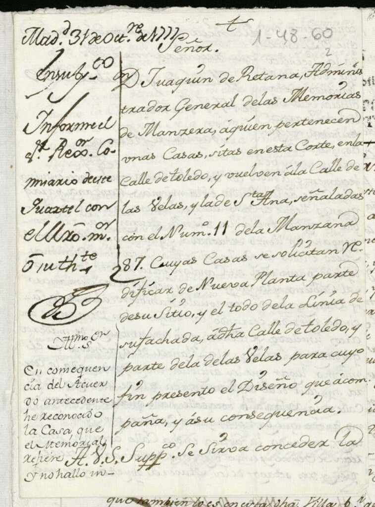 Miniatura de Licencias a Don Joaquín de Retana administrador de las Memorias de Manresa para reedificar en la calle de Toledo nº 11 manzana 87 con vuelta a calle de las belas.