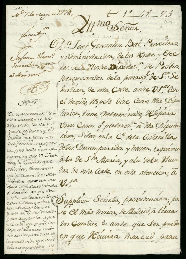 Miniatura de Licencia a Don José González Bal por la Diputación de Pobres de la Parroquía de San Sebastián, para reedificar en la Costanilla de los Desamparados a las de Santa María y las Huertas