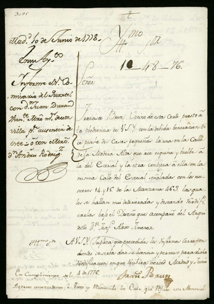 Miniatura de Licencia a Francisco Bruno para reedificar dos casas en la calle de la Madera alta a la del Escorial nº 14 y 15, manzana 463