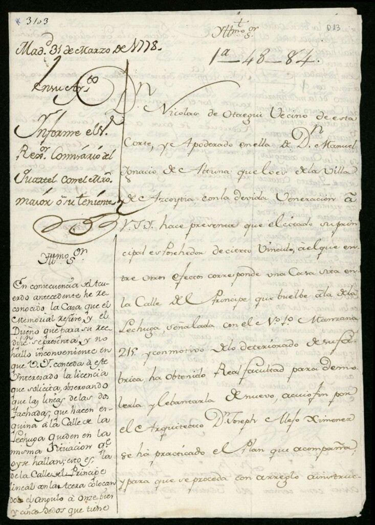Miniatura de Licencia a Don Nicolás de Otaegui por Don Manuel Ignacio de Altuna para reedificar en la calle del Príncipe a la de la Lechuga nº 1, manzana 215