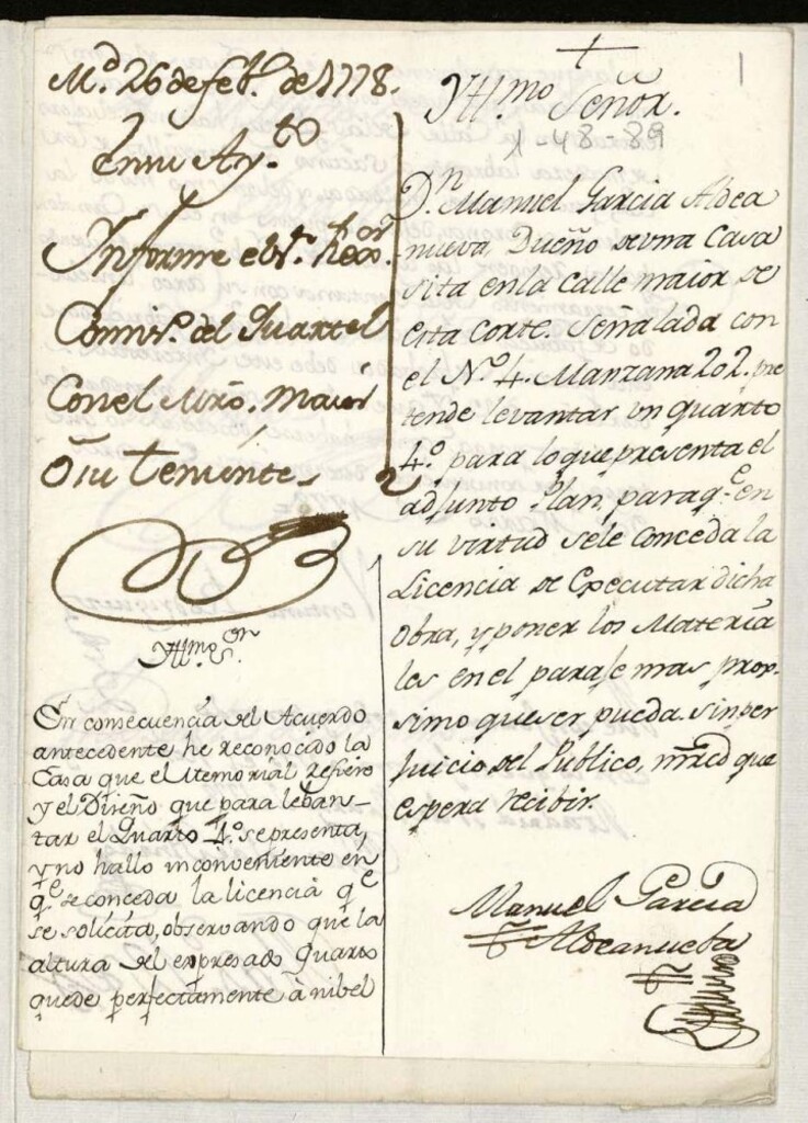 Miniatura de Licencia a Don Manuel García Aldeanueva para alzar piso 2º en la calle Mayor nº 4, manzana 202