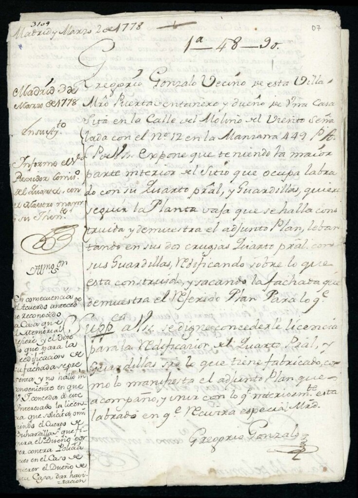 Miniatura de Licencia a Gregorio Gonzalo para alzar cuarto principal calle de Molino de Viento nº 12 manzana 449