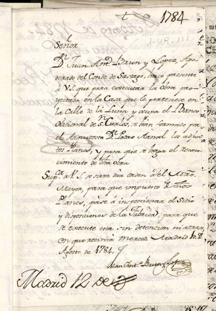 Miniatura de Licencia a Don Juan Antonio Brun López apoderado del conde de Sartago para reedificar en la calle de la Luna, la que ocupó el Bando de San Carlos