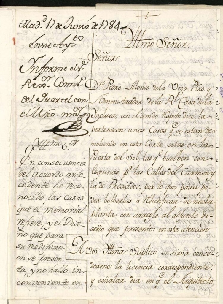 Miniatura de Licencia a Don Pedro Alonso de la Vega administrador de la casa Inclusa para reedificar de nueva planta las casas sitas en Puerta del Sol, esquina a la del Carmen y Preciados