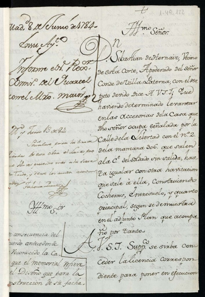 Miniatura de Licencia a Don Sebastián de Hernaiz apoderado del conde de Villapaterna para reedificar en la calle de la Libertad nº 2 manzana 306