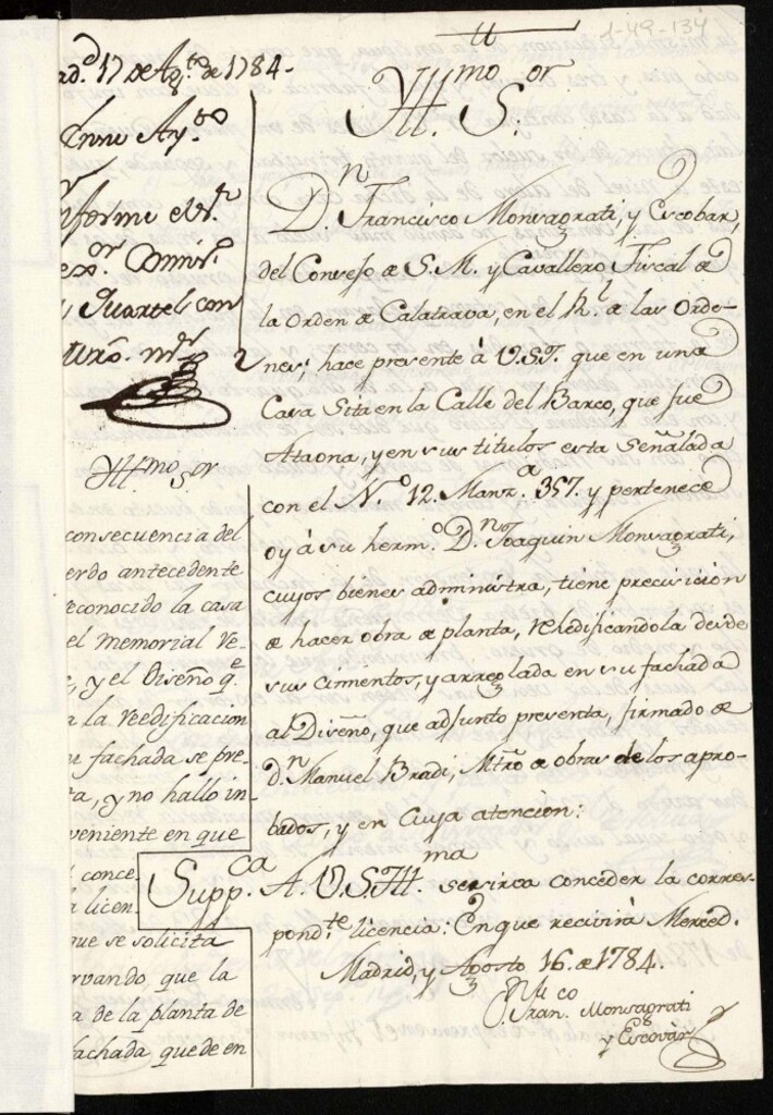 Miniatura de Licencia a Don Francisco Monsagrati y Escobar para reedificar en la calle del Barco nº 12 manzana 357