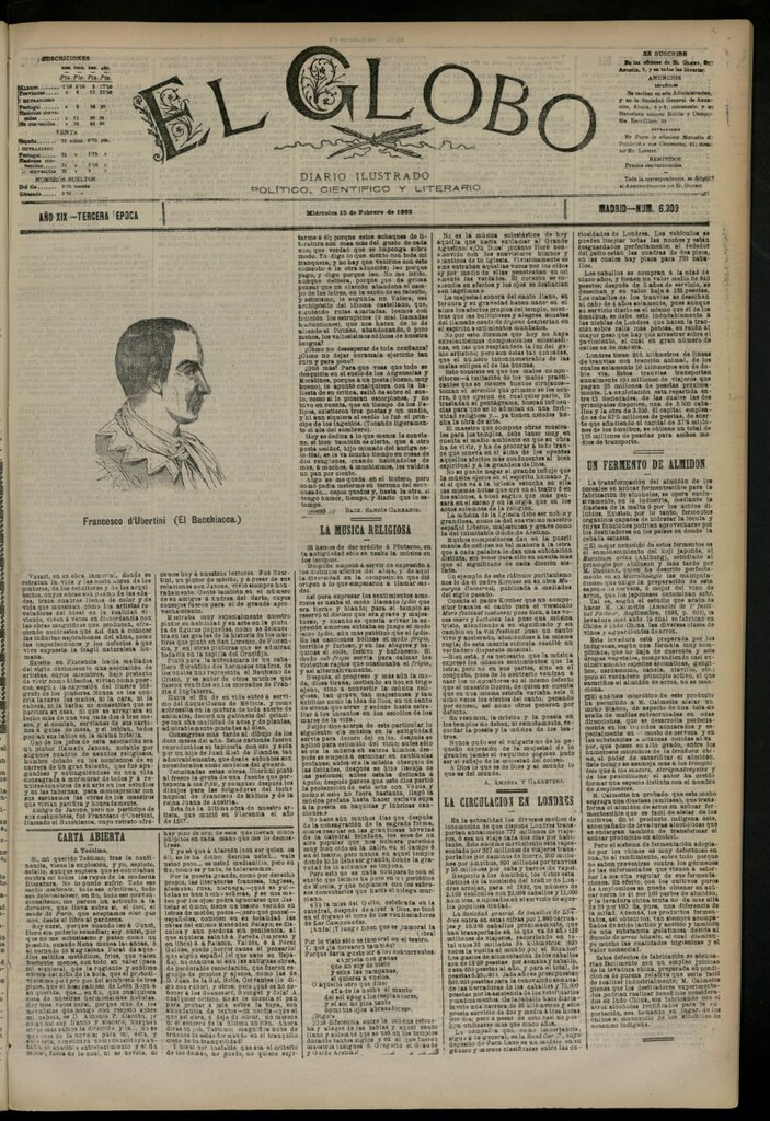 Miniatura de El Globo : diario ilustrado del 15 de febrero de 1893, nº 6309