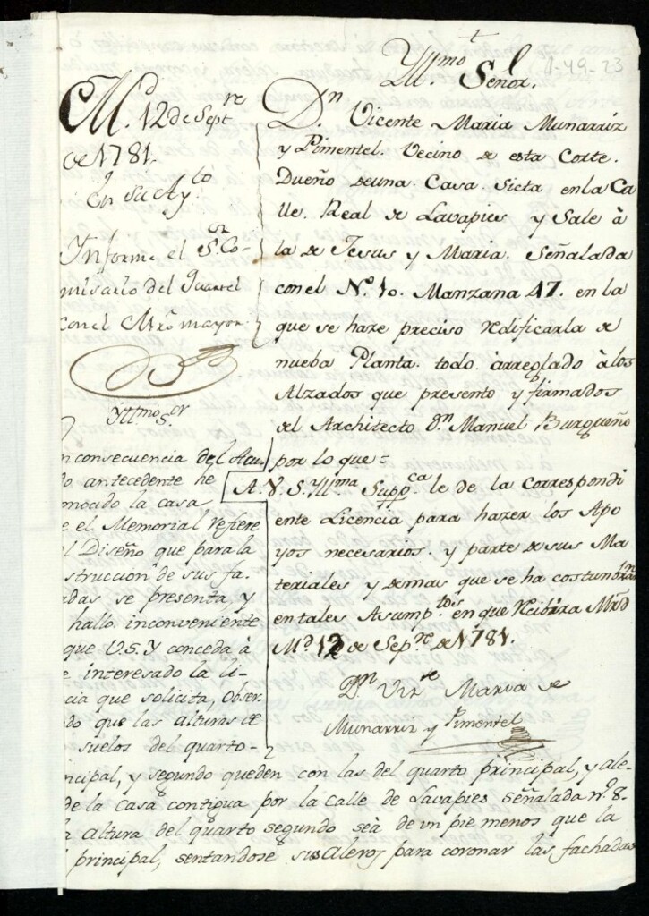 Miniatura de Licencia a Don Vicente María Munarriz y Pimentel reedificar en la calle Real de Lavapies a la de Jesús y María nº 10 manzana 47