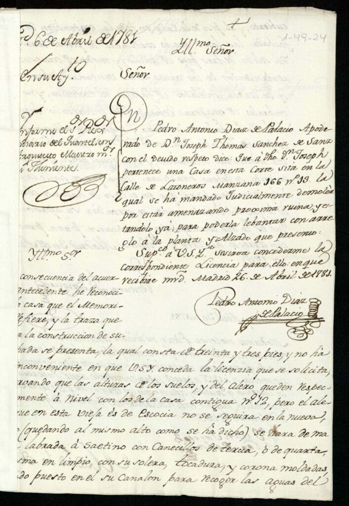 Miniatura de Licencia a Don Pedro Antonio Diaz de Palacio apoderado de Don José Tomás Sánchez de Sanz para construir la casa nº 13 manzana 166 calle de Latoneros