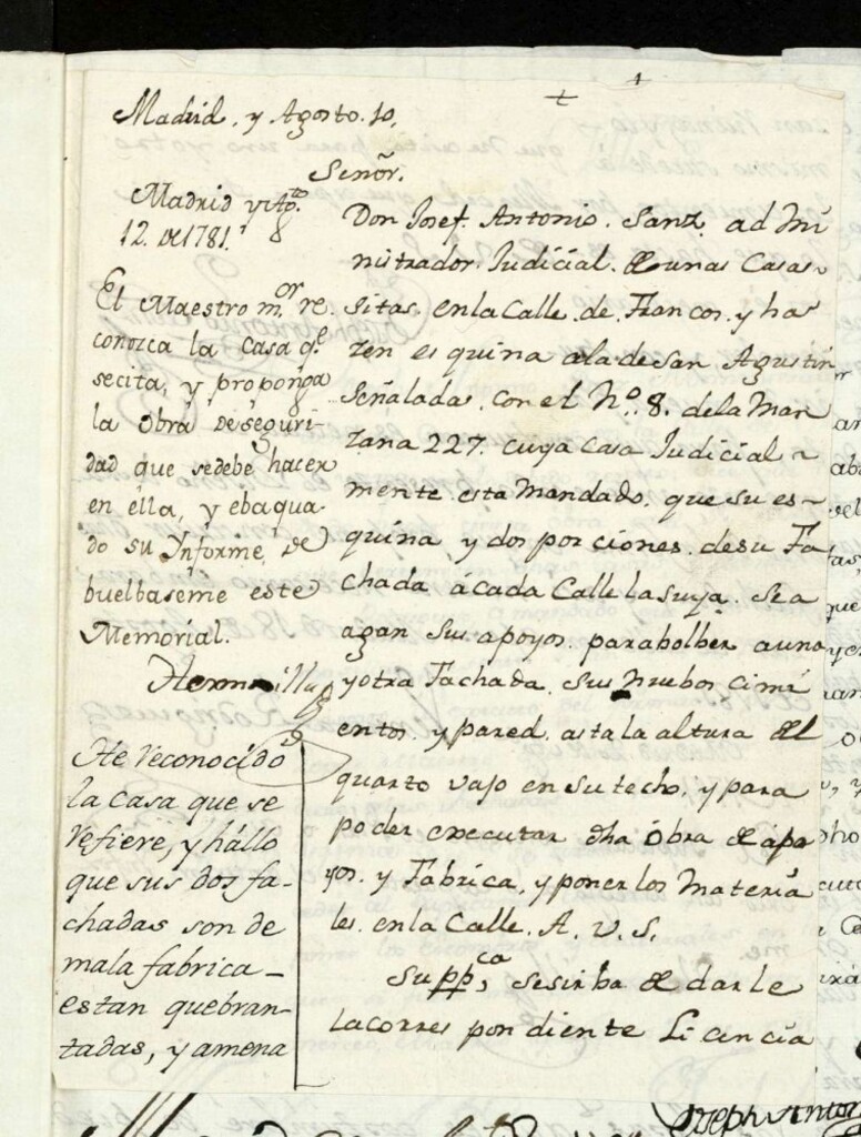 Miniatura de Licencia a Don José Antonio Sanz administrador judicial para reedficar en la calle de Francos esquina a la de San Agustín nº 8 manzana 227, hoy Cervantes