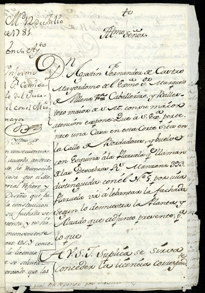 Miniatura de Licencia a Don Agustín Fernández de Castro mayordomo del marqués de Villena, para levantar la fachada de la casa calle de Bordadores esquina a la Plazuela de las Descalzas nº 5 manzana 393 a la de Bordadores