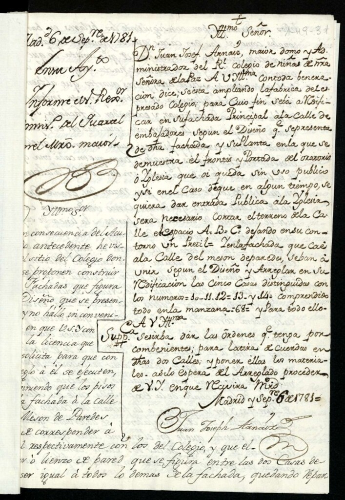 Miniatura de Licencia a Don Juan José Arnaiz adninistrador del Colegio de Niñas de la Paz para reedificar su fachada principal en la calle de Embajadores, uniendo y arreglando las cinco casas de la del Mesón de Paredes nº 10, 11, 12, 13 y 14 de la manzana 68