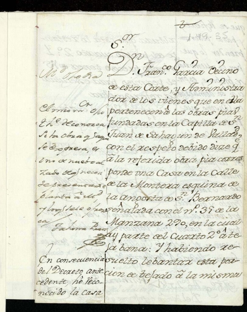 Miniatura de Licencia a Don Francisco García para levantar una parte de tejado igualando con la contigua en la calle de la Montera esquina a la Angosta de San Bernardo nº 35 manzana 290