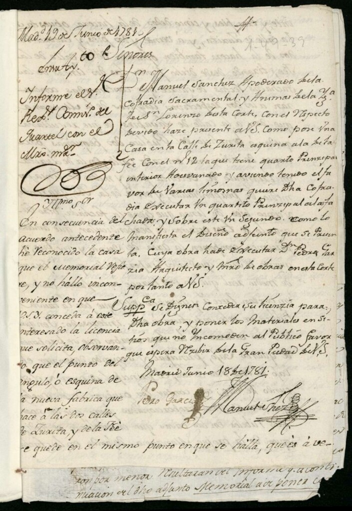 Miniatura de Licencia a Don Manuel Sánchez apoderado de la Sacramental de San Lorenzo para construir piso principal y segundo en la calle de Zurita esquina a la de la Fé nº 12