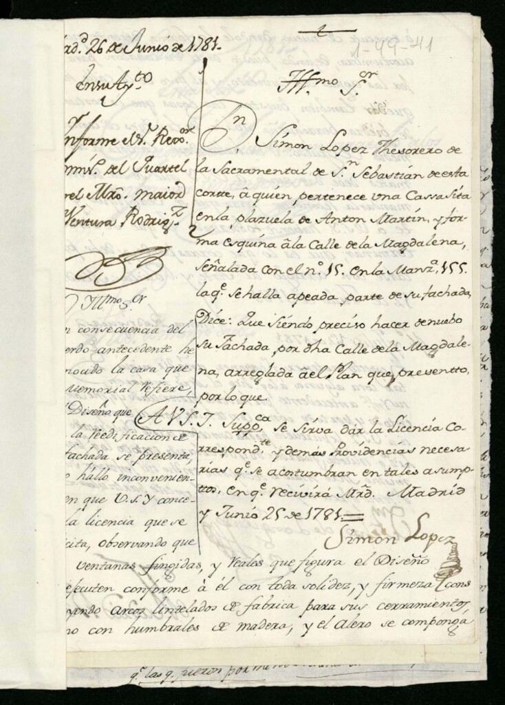 Miniatura de Licencia a Don Simón López tesorero de la Sacramental de San Sebastián para hacer la fachada de la casa plaza de Antón Martín que forma esquina a la calle de la Magdalena nº 15 manzana 155