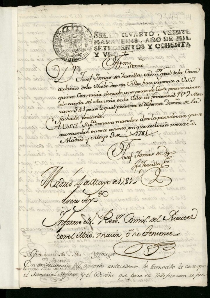 Miniatura de Licencia a Don José Tomás de Fercilla dueño de la casa arbitrio de la nieve de esta villa para construir de nuevo una puerta de la casa nº 2 manzana 341 calle de Fuencarral