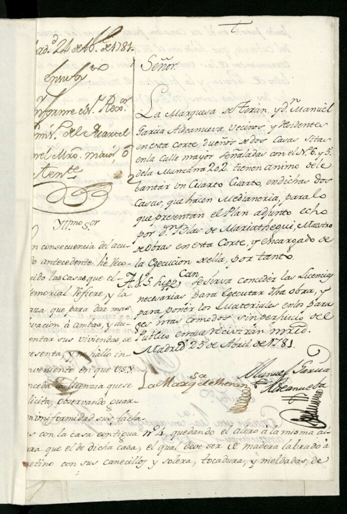 Miniatura de Licencia a la marquesa de Terán y Don Manuel García Aldeanueva para levantar un piso 4º en las dos casas que hacen medianería nº 6 y 5 de la manzana 202 calle mayor