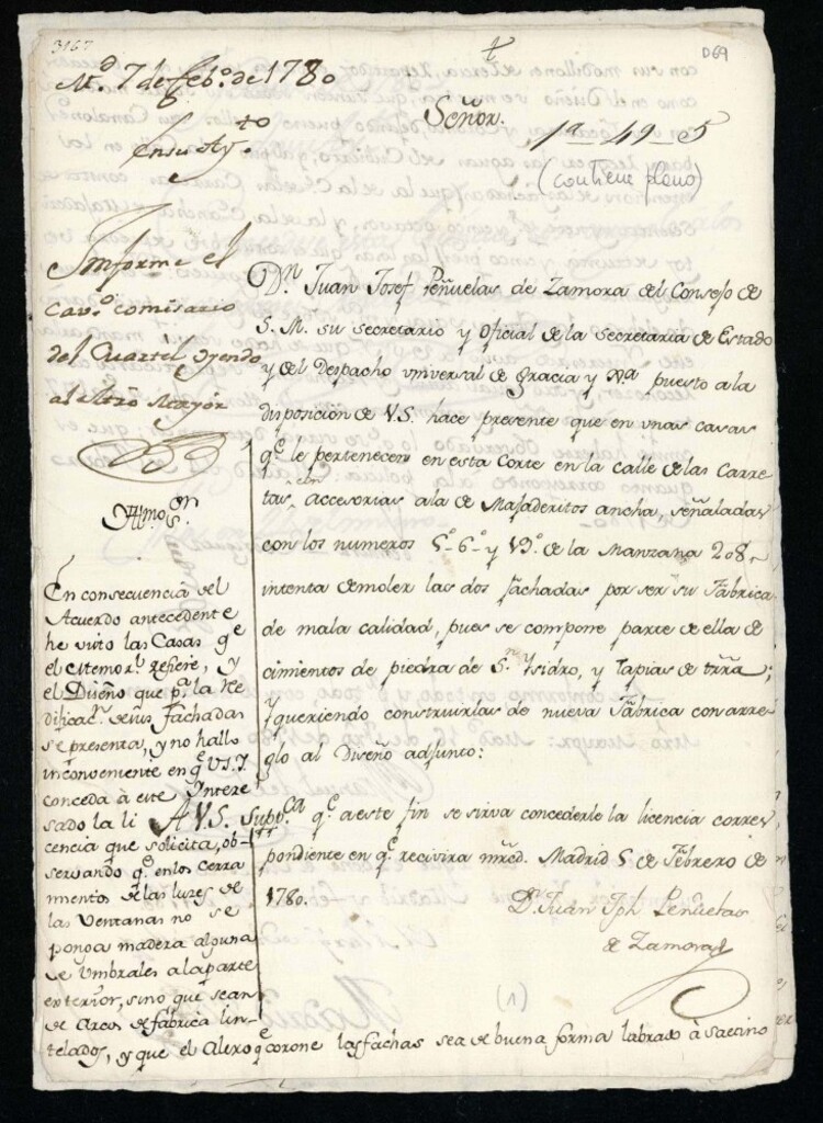 Miniatura de Licencia a Don Juan José Peñuelas de Zamora para reedificar unas casas calle de Carretas a la de Majaderitos ancha nº 5, 6 y 19, manzana 208