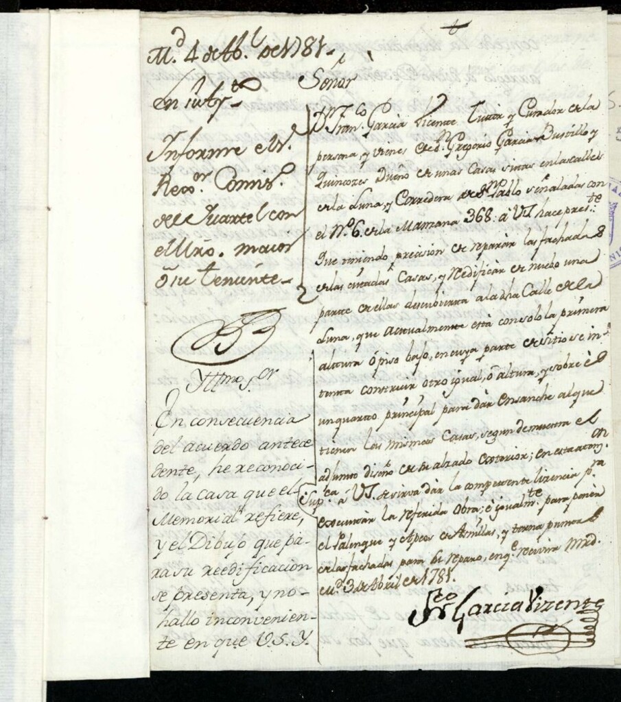 Miniatura de Licencia a Don Gregorio García Bustillo y Quincoces para reparar las fachadas, y reedificar de nuevo una parte de ellas descubierta en la calle de la Luna y corredera de San Pablo nº 6 manzana 368 a la del Desengaño